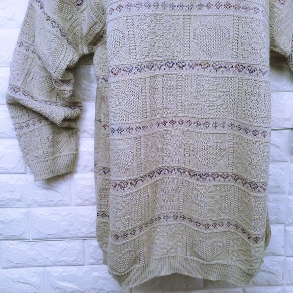 Vintage 80s Basic Editions Oversize Mockneck Tunic Sweater Lady-M Hearts Beige - Picture 2 of 9